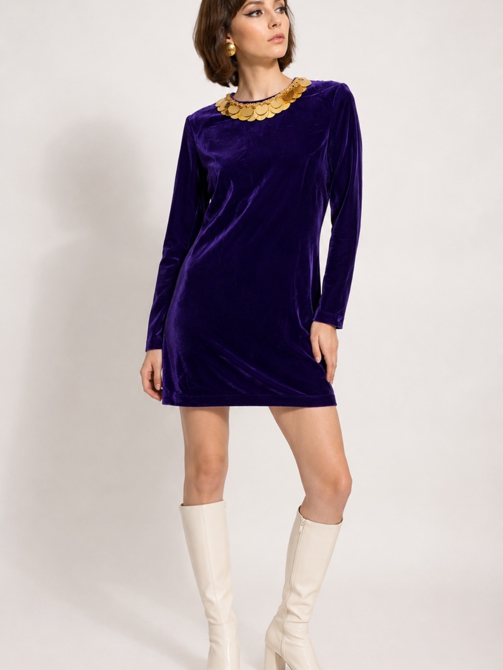 VTG Teena Paige Purple Velvet Mini Dress 60s Mod Deadstock